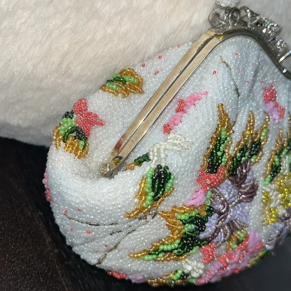 Vintage all beaded clutch bag white with flowers dainty delicate feminine pretty